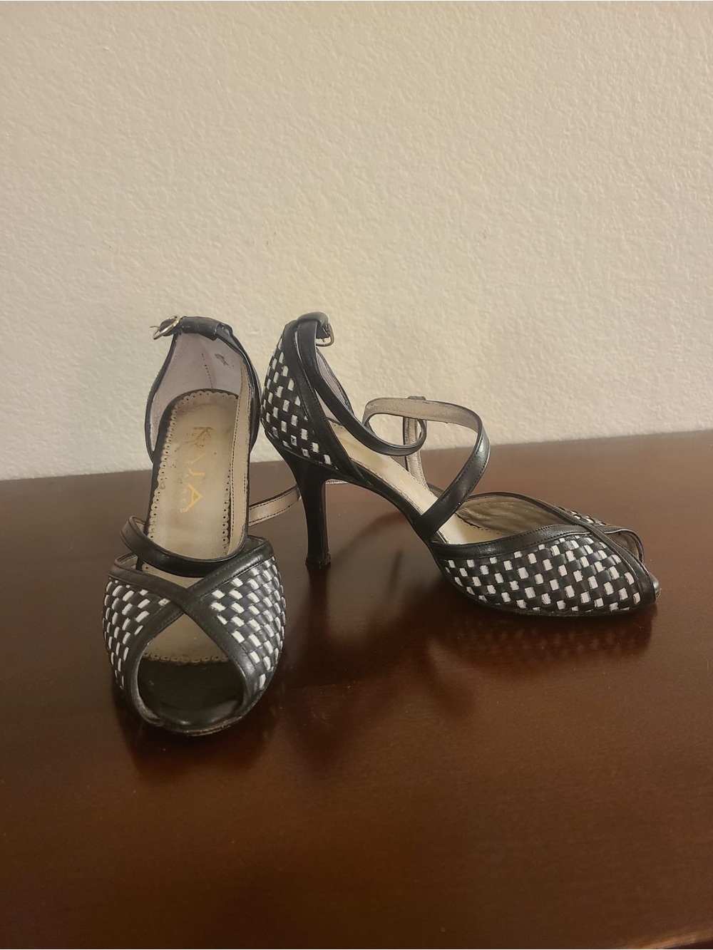 Tango shoes Black and White Woven Peep-Toe Ankle Strap Heels